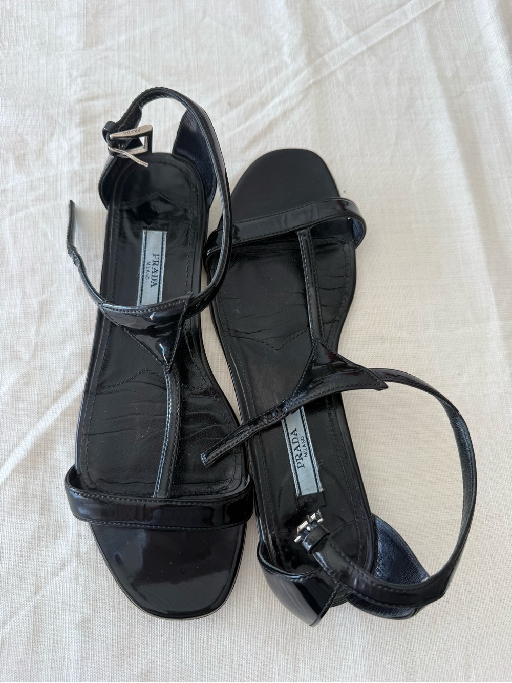 Prada Black Patent Leather Strappy Sandals - Size 37 1/2.